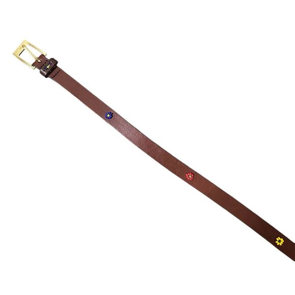 Liz Claiborne Brown Leather Boho Colorful Beaded Flower Belt with Gold Buckle - Picture 1 of 4